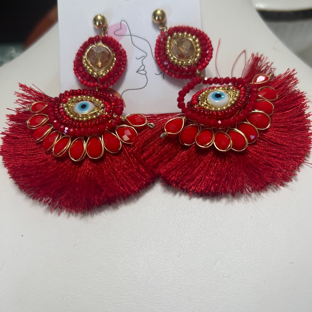 Red and Gold Tassel Statement Earrings with Crystal Accents